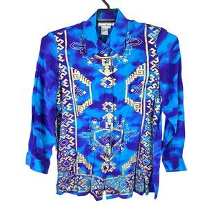 Womens Vintage Diane Gilman Blue & Purple Abstract 100% Silk Blouse Button Up M